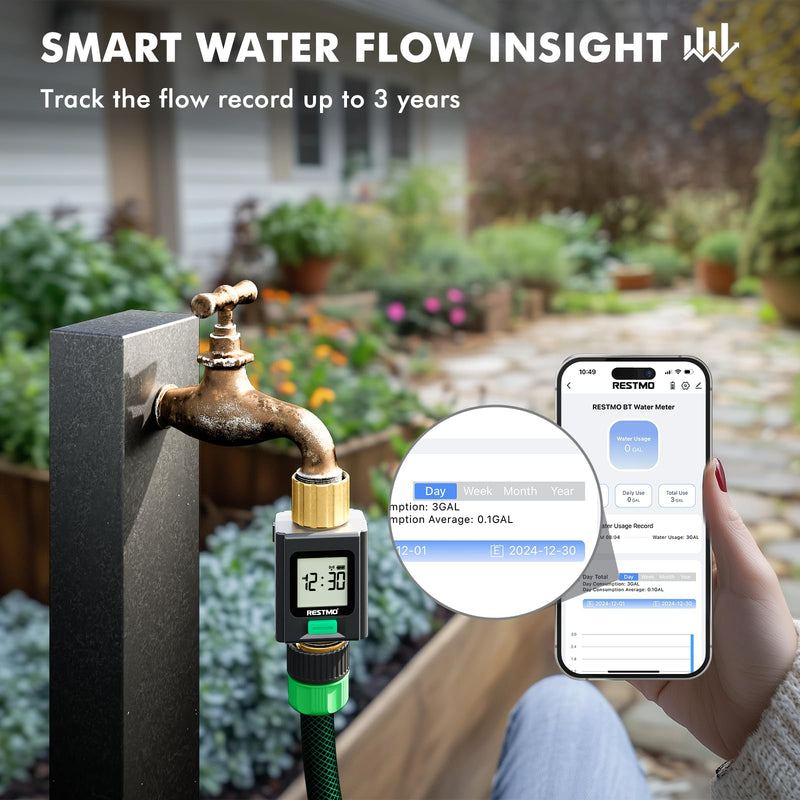 [Australia - AusPower] - RESTMO Smart Water Flow Meter with Screen Backlight, Brass Inlet & Outlet, Measuring Gallon/Liter Consumption & Flow Rate for Garden Watering, RV Filling, Sprinklers & Nozzle - APP Control Bluetooth Connection 