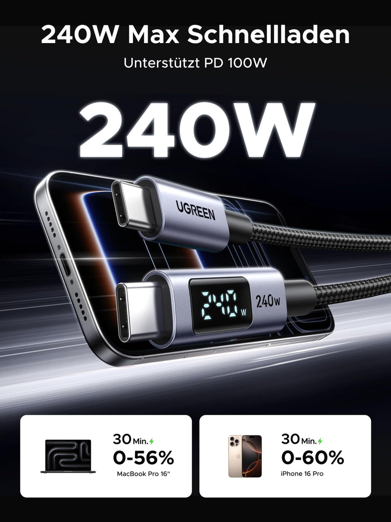 UGREEN 240W USB-C Cable with Digital Display PD3.1 Fast Charging Cable | USB-C to USB-C cable with charging power indicator and e-marker for iPhone 17/16 series, Galaxy S26, MacBook, iPad Pro 2 meters