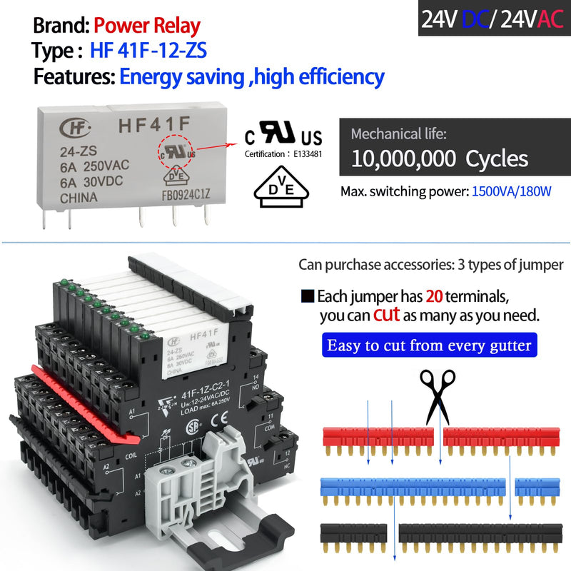 [Australia - AusPower] - 3Pcs Electromechanical Relay Black Miniature Power Relay 24VDC and 24VAC HF41F/24-ZS 6Amp SPDT with LED Light, DIN Rail, Ultra Small and Thin Socket Black Screw Socket C2 3 
