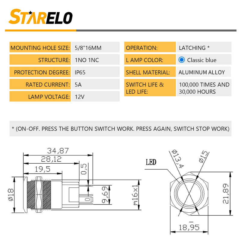[Australia - AusPower] - STARELO 5pcs 16mm Latching led Push Button Switch Black Shell, IP65 Waterproof Push Button Switch,1NO 1 NC with Wire Socket Plug,Self-Locking with LED(Blue). 16mm Black Shell/ Ring LED 