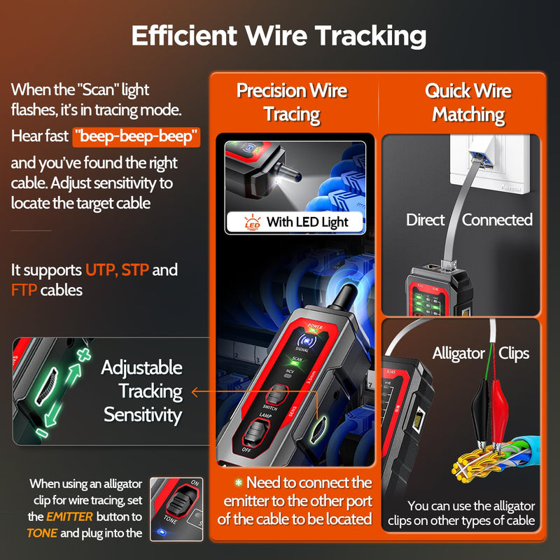 [Australia - AusPower] - AMPCOM Wire Tracker & Network Cable Tester with PoE Detection, RJ45/RJ11 Line Tracer, USB-C Rechargeable, LED Light, for LAN/Ethernet/Telephone Continuity Testing 
