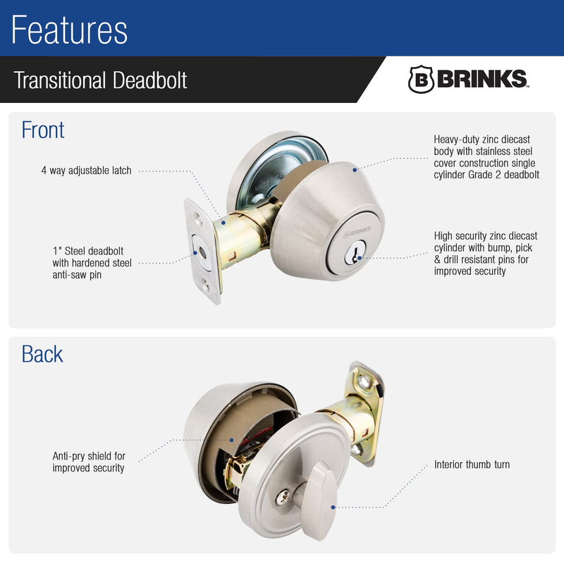BRINKS Transitional Single Cylinder Deadbolt Lock, Door Lock Built for Residential Protection ANSI Grade 2 Security, Satin Nickel 1 Pack Front Door Deadbolt