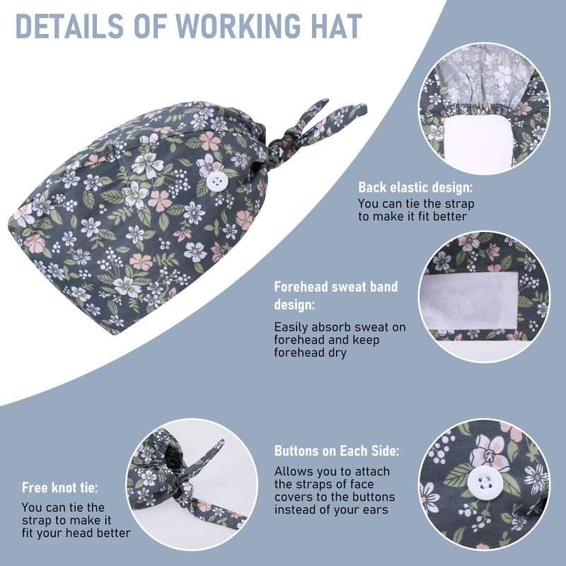 Pack of 3 Women's Adjustable Surgical Caps, Fabric with Button, Cotton Flat Cap, Plain Flower Style, Work Cap, Scrubbing Hat, Work Hat for Doctors, Nurses (2) 2 UK
