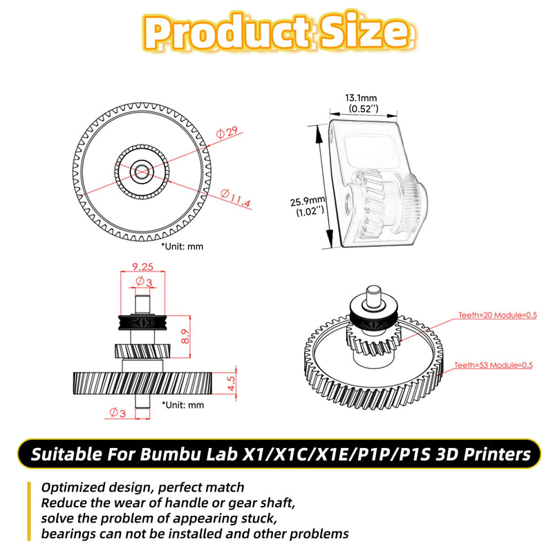 Upgrade P1/X1 Hardened Steel Extruder Helical Gear Accessories Kit, DLC Nano-Coated Hardened Steel Handle Assembly Drive Gear Extruder for Bambu Labs X1C/X1E Carbon P1P/P1S 3D Printers