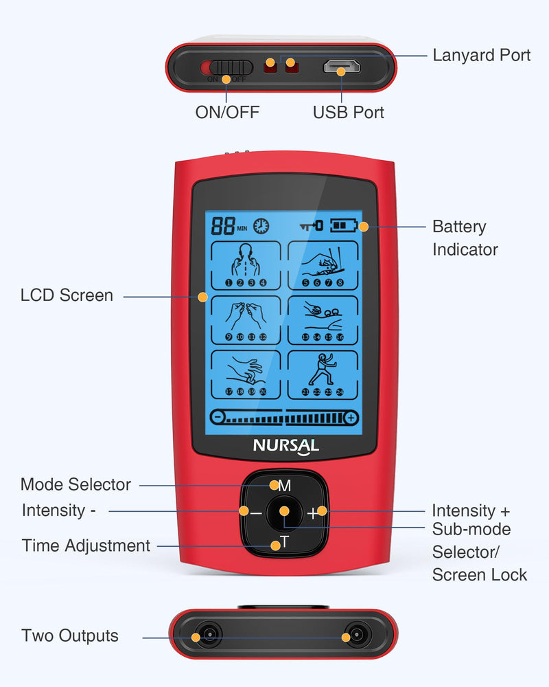 [Australia - AusPower] - NURSAL 24 Modes TENS Unit Muscle Stimulator, Rechargeable Electronic Pulse Massager with 8 Pads for Back and Shoulder Pain Relief and Muscle Strength (Red) 
