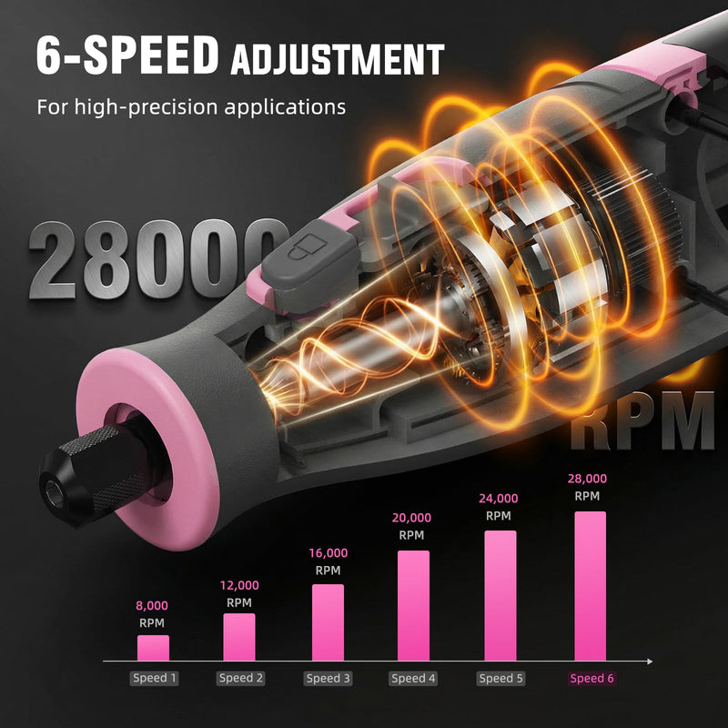 Katerk Cordless Rotary Tool, 4000mAh Battery, 6-Speed, 28000RPM, Rotary Tool Kit with 70 Accessories Light duty Engraving Pen for Sanding, Polishing, Drilling, Etching, Grinding, Wood Carving Pink