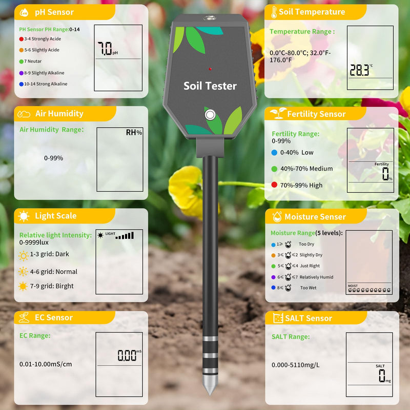 Soil Moisture Meter for Plants, 8-in-1 Soil pH Meter Moisture, Light, pH, EC, Fertility, Salt, Temp, Air Humidity, Soil pH Test Kit Great for Garden, Lawn, Farm, Indoor & Outdoor Use 8 IN 1 Soil Tester