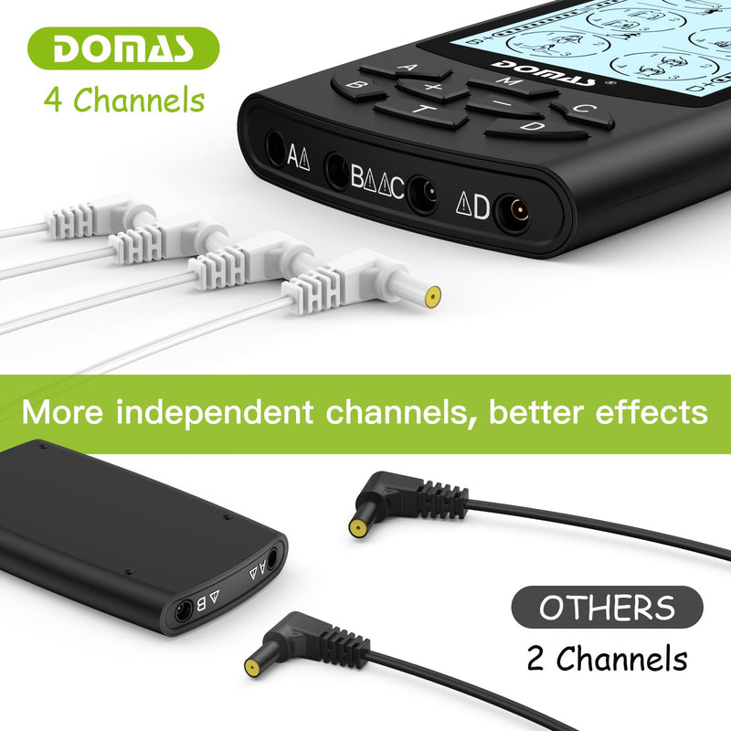 [Australia - AusPower] - DOMAS TENS Unit with 4 Channel Outputs, TENS EMS Unit Muscle Stimulator for Back Pain Relief, Portable & Rechargeable Nursing Machine Device with 24 Modes Electronic Pulse Massager & 16 Pads 