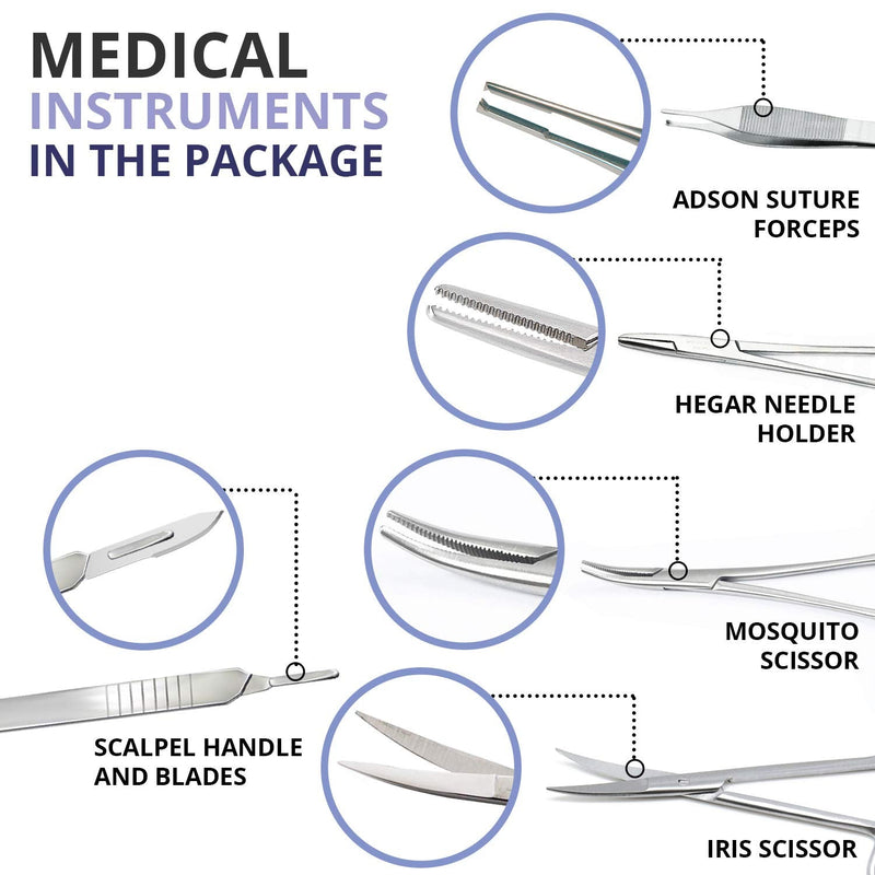 [Australia - AusPower] - Complete Suture Practice Kit for Medical Students, Improved Stitches Kit Medical Including 2 x Large Suture Pads 1 x Plain, 1 x Pre-Cut, 5 Suture Tools, Surgical Practice Kit (Education Use Only) 