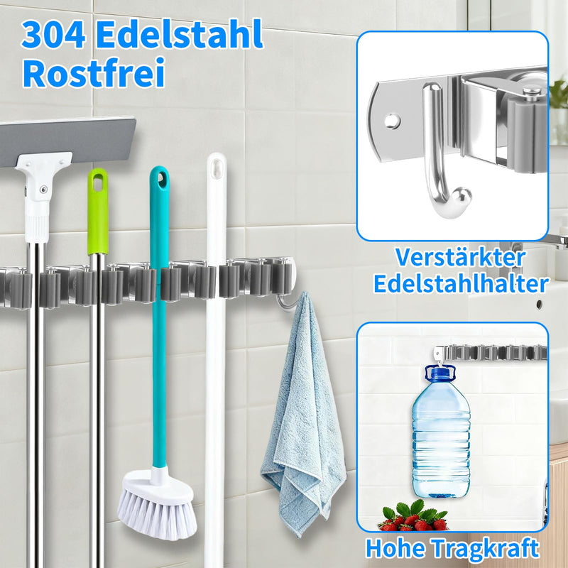 Broom Holder Wall, 7 Holders + 2 Hooks Garden Tools Holder, Wall Mount Broom 304 Stainless Steel Garden Tool Holder for Broom Holder, Device Holder Wall, Self-Adhesive Hanging Garden Tools