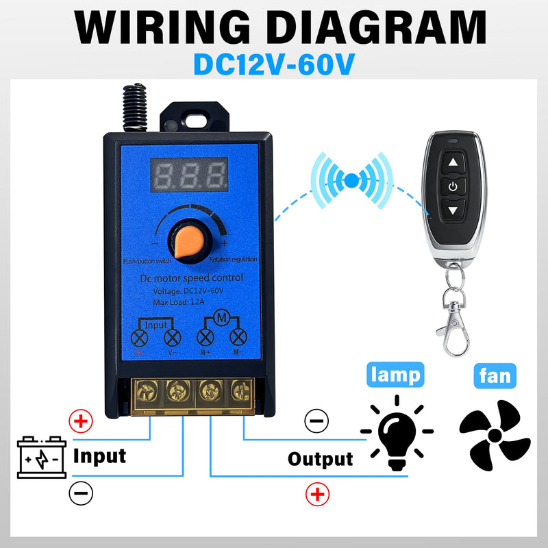 Wireless DC Motor Remote Control Switch,DC 12V-60V 12A M29B Motor Speed Controller Remote Control Switch,Wireless Remote Switch with 100 ft Range,Suitable for Various DC Motors,Lighting Fixtures,Fan.