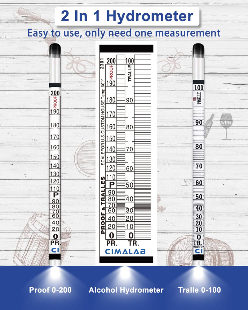 Hydrometer Alcohol Meter Kit, Hydrometer Alcohol 0-200 Proof & Tralle with Hydrometer Test Jar, Alcohol Proof Tester Hydrometer, Alcohol Tester for Liquor/Moonshine/Spirits/Proofing/Distilled