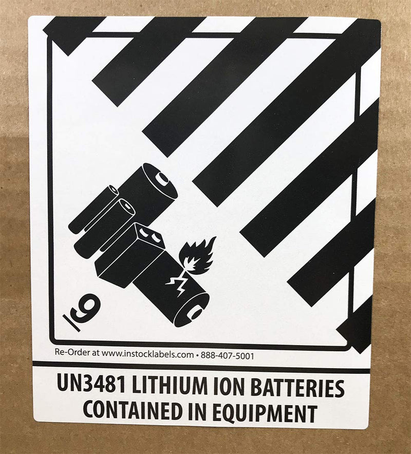 Hazard Class 9 D.O.T. UN3481 Lithium Ion Batteries Contained in Equipment Labels, 4 x 4 3/4 Inch Square Black and White Hazmat Stickers, 500 Adhesive Labels – Made in the USA