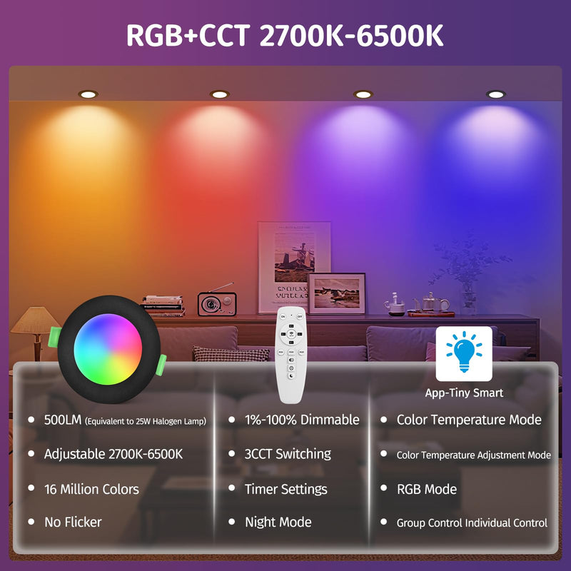 YindaLux 5 W LED Recessed Spotlight, 230 V RGB, Pack of 6 LED Spotlights, Warm to Cool White, 2700 K - 6500 K, Dimmable Control with App and Remote Control, Drill Hole 65-80 mm, IP44 Bluetooth | 5W 500LM Deckenspots IP44 Möbeleinbauleuchte mit App & Fe...