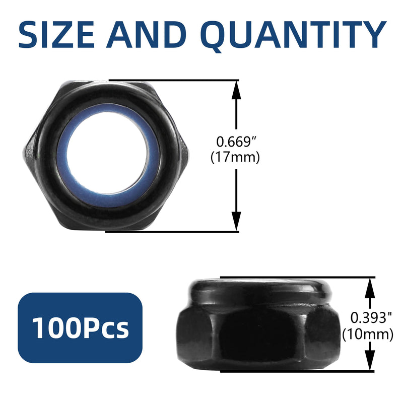 M10 x 1.5mm Nylon Insert Hex Lock Nuts 100Pcs 304 Stainless Steel Locknuts, Hex Drive, Black Oxide by SG TZH M10 100