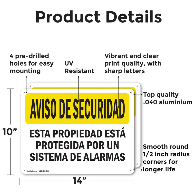 (2 Pack) Facility Protected By Alarm Spanish OSHA Security Notice Sign 14 Inch X 10 Inch Indoor/Outdoor Rust-Free Aluminum Metal Signs for Workplace, Workshop, and Construction Site, Made in the USA