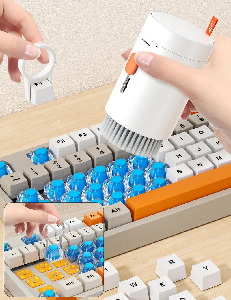 [Australia - AusPower] - Tounee Keyboard Cleaner Kit, Electronics Cleaning Kit with Retractable Big Brush, Portable, 20 in 1 Multi-Tool Kit for Phones, Tablet, Computer, PC Monitor,TV Camera Lens with 2.5ml Mist Spray (White) White 
