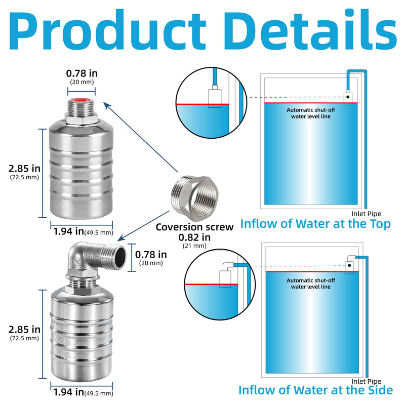 [Australia - AusPower] - 2 Pack Auto Water Level Control Float Valve, 304 Stainless Steel Automatic Water Refill Shut-off Tank Valve with Side/Top Entry and Retaining Clip for Water Tank Pool Livestock Troughs (1/2" to 3/4") 2 Pack 