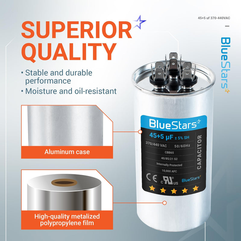 [UL Certified] BlueStars 2 Packs 45+5 uF 45/5 MFD 370V or 440V Round Dual Circular Run Capacitor CBB65 50/60 Hz - Compatible for AC Motor Run or Fan Start or Condenser Straight 45+5 MFD