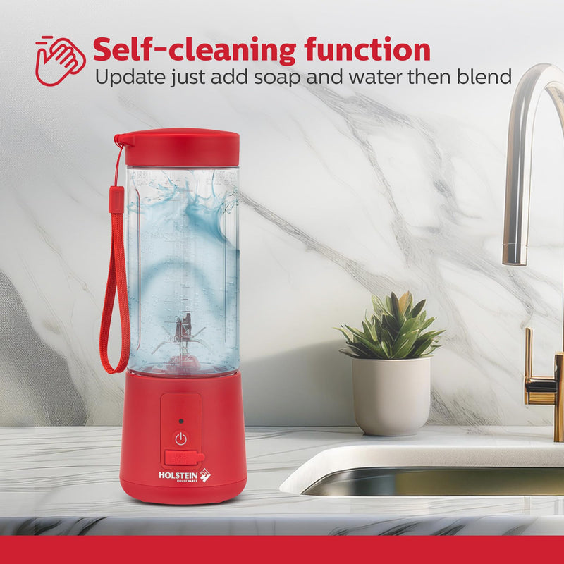 [Australia - AusPower] - Holstein Housewares - USB Portable Blender, 16oz Personal Smoothie & Shake Maker with Rechargeable Battery, Type-C Fast Charging, Spill-Free Lid & Indicator Light - Red 
