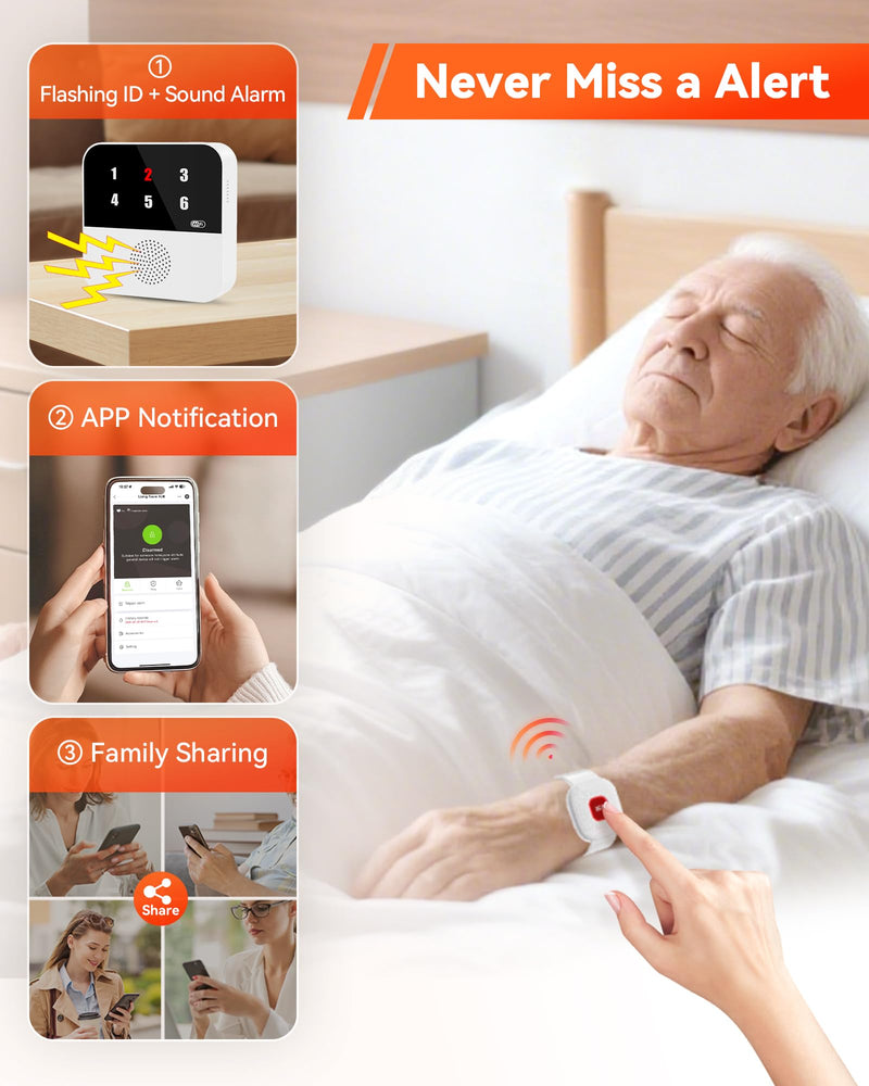 [Australia - AusPower] - PILSAMAS WiFi Caregiver Pager Smart Call System - Display Caller ID & App Alerts, No Monthly Fee, IP65 Waterproof Wristband + 2 Call Buttons, Emergency Alert Button for Elderly at Home & Nursing Care 1 HUB+1 WRISTBAND+2 BUTTONS 