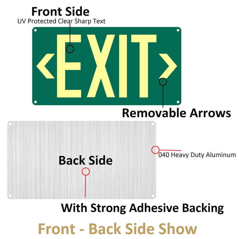 1Pack Photoluminescent Exit Sign Green - Aluminum -14.25"x 7.5" Glow In The Dark Adhesive Backing- Includes 2pcs Removable Arrows- Non Electrical Green Exit Light Green-Metal-1Pack