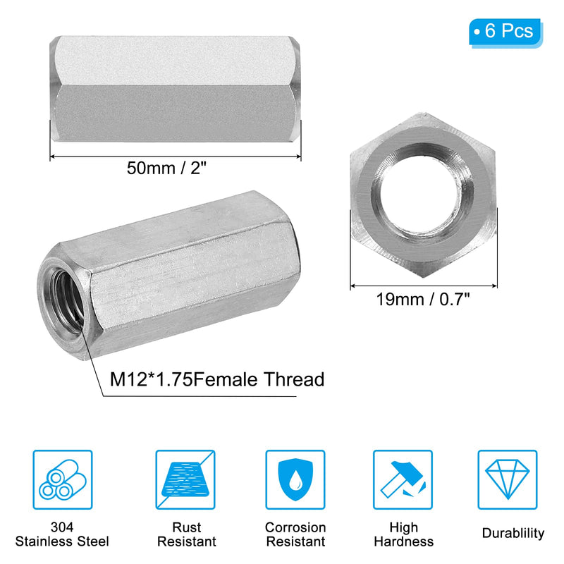 PATIKIL M12 x 1.75-Pitch 304 Stainless Steel Hex Coupling Nuts, 6Pcs 50mm/ 2" Length Coarse Fully Threaded Rod Coupling Nut Studding Connector Fasteners, Silver Tone M12-1.75 x 50mm 6