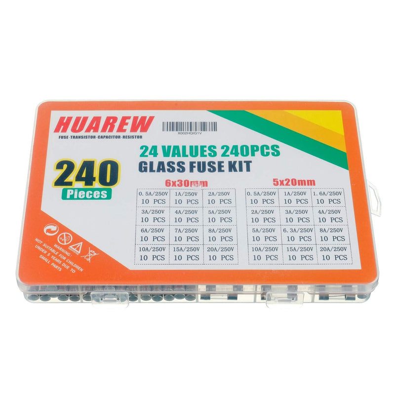 24 Values 240 Pieces Quick Melt Glass Fuses 250V Voltage 5x20mm 0.5 1 1.6 2 3 4 5 6.3 8 10 15 20A 6x30 mm 0.5 1 2 3 4 5 6 7 8 10 15 20 A Ampere Classification Kit