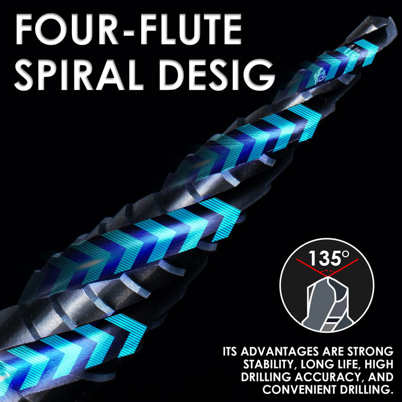 Matework M35 Cobalt Step Drill Bit Set, Four Spiral Flute Unibit Step Drill Bits (1/8"-7/8") Wear-Resistant TiAlN Coated, 1/4" Hex Shank for Metal, Carbon Steel, Stainless Steel, Wood, Plastic (3Pcs) 1/8"-7/8"