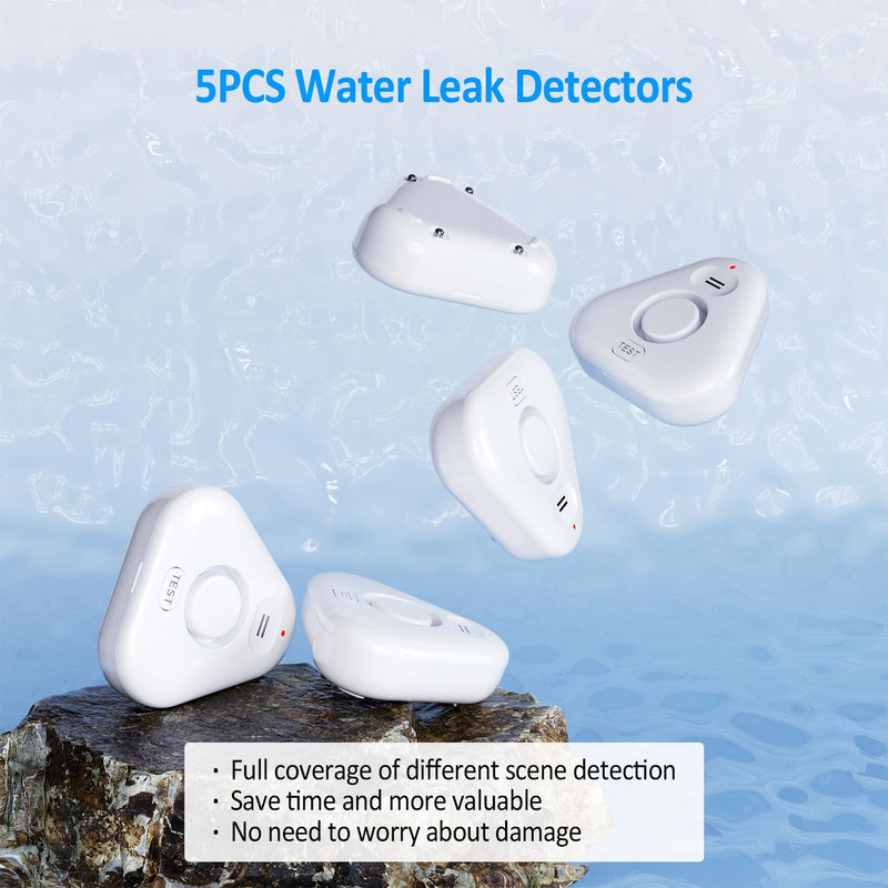 5 Pack Water Leak Detectors for Home, Stechro 4 Levels Adjustable Audio 0-120dB Water Sensor Alarm Leak Detector with Leak and Drip Alert, IP66 Water Leak Sensor for Basements Kitchen Sink Laundry 5 Sensors White