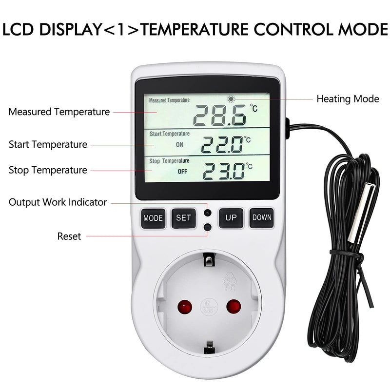 [Australia - AusPower] - Temperature Controller 230 V Digital Thermostat Socket Plug Thermostat with Sensor Timer Switch Temperature Socket Heating Cooling for Greenhouse Electric Blanket Water Tank 
