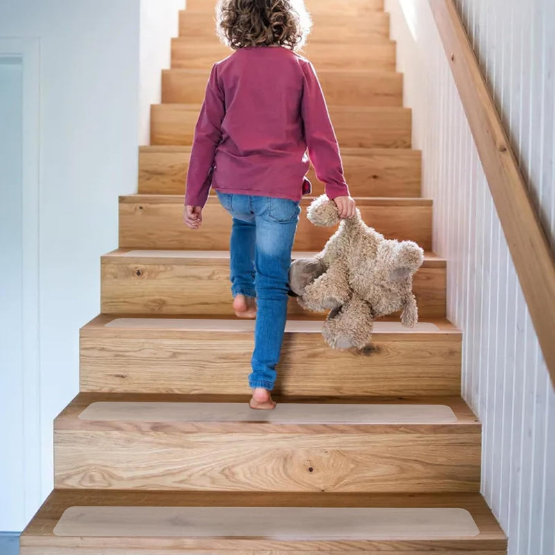 Clear Stair Treads for Wooden Steps Indoor, 12 Pack 24" x 4" Non Slip Stair Treads with Roller, Self Adhesive Transparent Anti Slip Tape for Hardwood Stairs, Safe for Dogs, Kids, Seniors & Pets