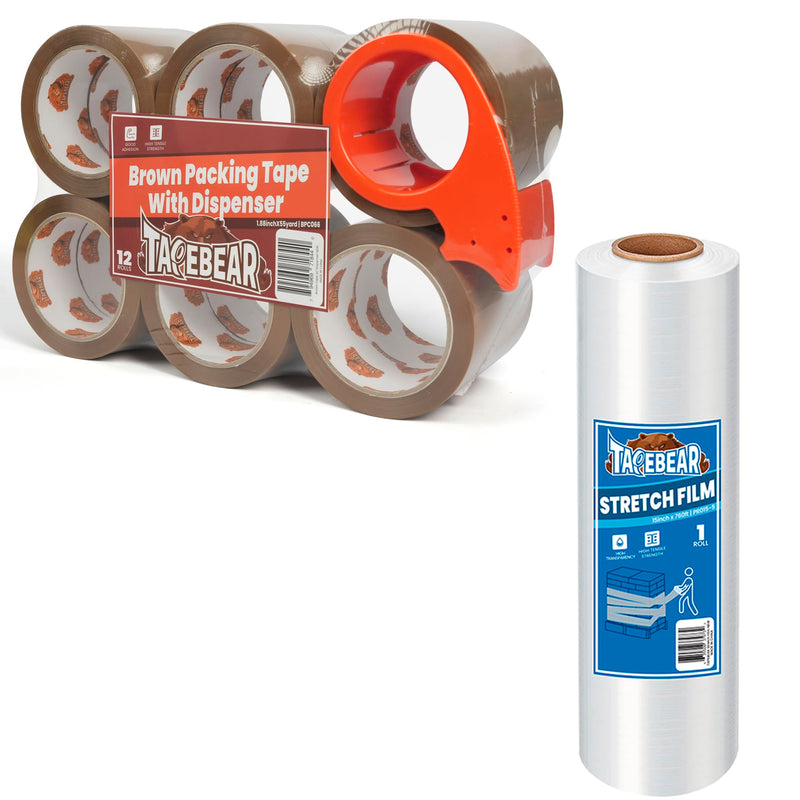 TAPEBEAR Brown Packing Tape with Dispenser, 2.6mil x 1.88" x 55Yard + Stretch Wrap Film 15" x 760Ft