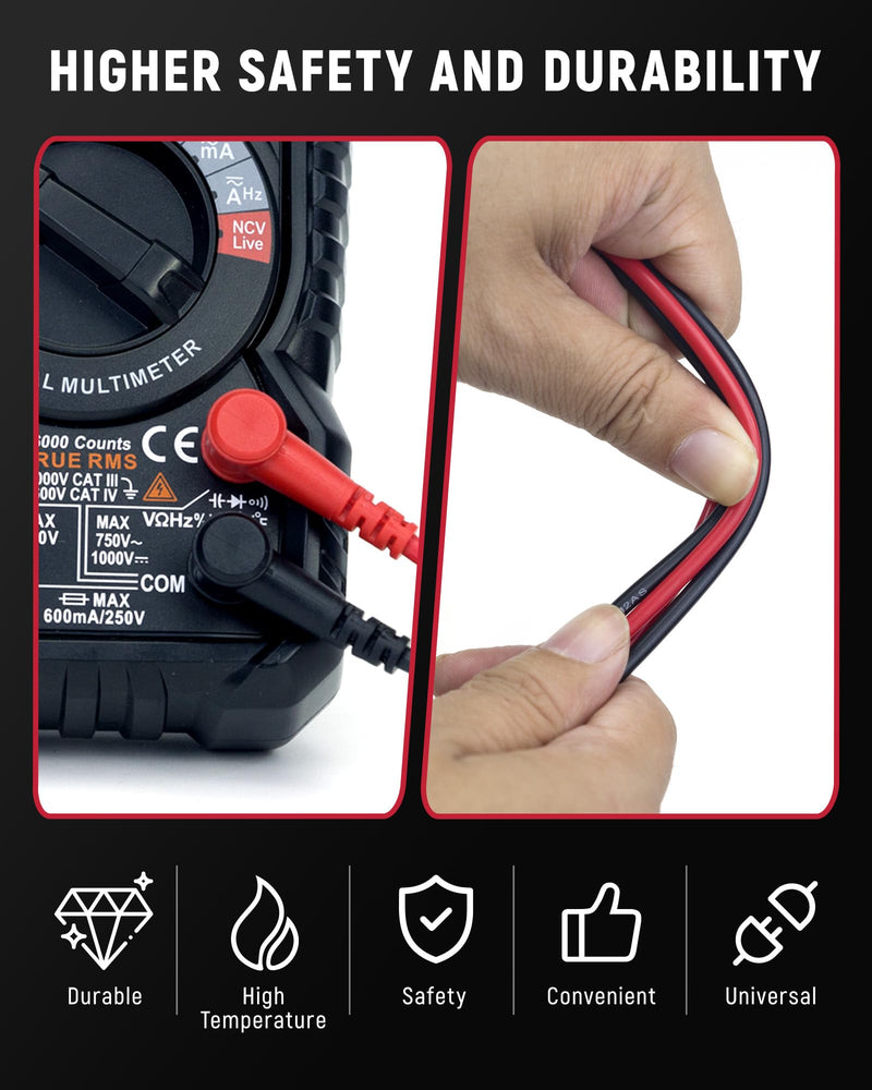 [Australia - AusPower] - KAIWEETS Silicone Multimeter Test Leads with Gold-Plated Probes, 48 inch Long, CAT III 1000V CAT IV 600V 20A, Compatible with Volt Clamp Meter Electrical Testing Tools, 2PCS 