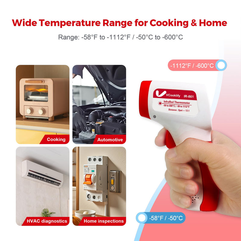 [Australia - AusPower] - Infrared Thermometer for Meat,Laser Temperature Gun,-58~1112°F,DS 12:1 Digital IR Temp Gun with Adjustable Emissivity&High/Low Alarm,LCD Display Thermal Gun for Food Oven Cooking HVAC Red 
