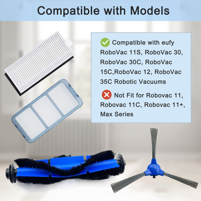 RoboVac 11S Replacement Part Compatible for Eufy RoboVac 11S, 15C, 30, 30C, 12, 35C, 25C, 15T Robotic Vacuums, 3 Rolling Brushes, 12 Filter Sets, 12 Side Brushes, 1 Rolling Brush Guard, 2 Pre Filters 3+12+12+2+1 pack