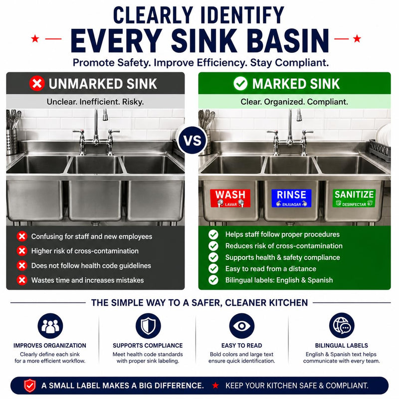 Wash Rinse Sanitize Sink Labels, Commercial Stickers for Triple Sink, Set of 3 Stickers, 7x3 Inches, 1 Set