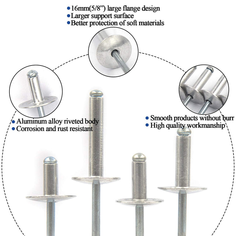 [Australia - AusPower] - 60pcs Large Flange Blind Rivets, Aluminum,Flange Diameter 5/8" (16 mm),Pop Rivets Assortment Kit Blind Rivet,3/16" x 5/8" Inch,Grip Range(8-12mm) 3/16"×5/8"(4.8×16mm) 