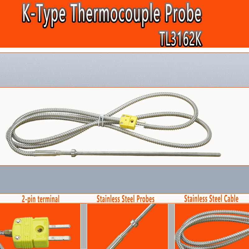 [Australia - AusPower] - TL3162K K-Type Thermocouple Probe Round Probe 8“-0.2” Measurement Range 40°F-750°F Cable 60" 