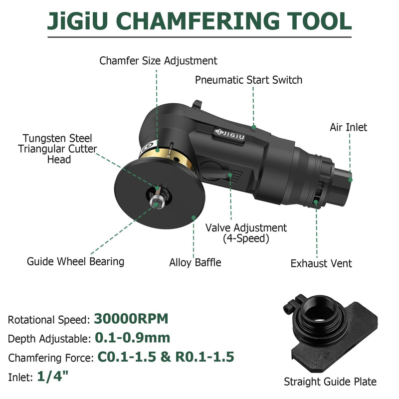 [Australia - AusPower] - Upgraded Air Chamfer Tool with Straight Guide Plate Mini Pneumatic Chamfering Machine 30000RPM 45°Pneumatic Beveling Machine 0.1-0.9mm Depth Adjust with 1/4 Inch Air Inlet for Metal Wood-Black Black 