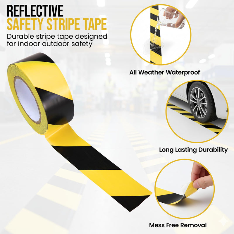 Harrier Hardware 2 in x 180 ft PVC Striped Safety Warning Adhesive Tape, Black & Yellow High Visibility Industrial Commercial Caution Wall Floor Equipment