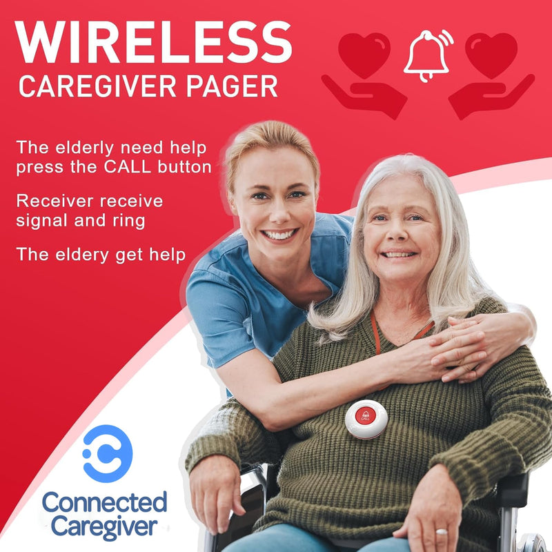 Connected Caregiver Wireless Pager Smart Call System 2 SOS Call Buttons/Transmitters 2 Receivers Nurse Calling Alert Patient Help System for Home/Personal Attention Pager 500+Feet Plugin Receiver