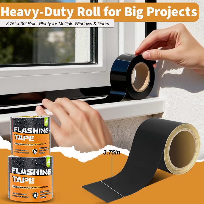 Flashing Tape for Windows and Doors, 3.75 in x 30 ft Roll, Acrylic Adhesive, Self-Adhesive Flashing Tape, Waterproof, UV Resistant,Great for Sealing Doors, Windows, and Construction & Repairs (6 pack) 3.75" x 30' 6