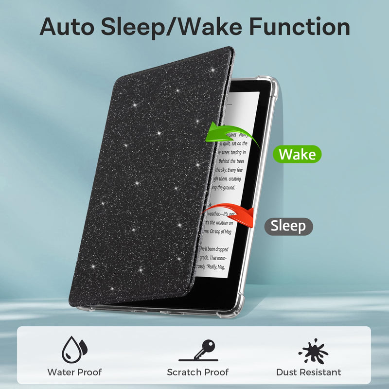 [Australia - AusPower] - CoBak Case for Kindle Paperwhite - New PU Leather Cover and Clear Soft Silicone Back Cover with Auto Sleep Wake Feature for Kindle Paperwhite Signature Edition (6.8" 11th Generation 2021 Released) L-Glitter Black 