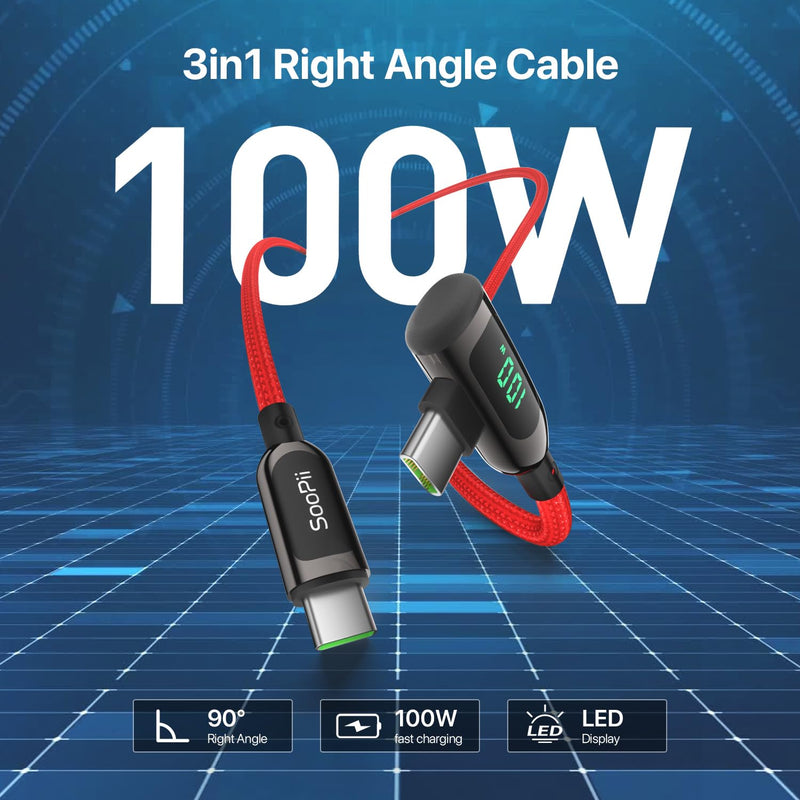 SOOPII 100W Right Angle USB C to USB C Cable,2Pack 10FT Zinc Alloy Case Nylon Braided Type-C Cable with LED Display for iPhone 17/16,lPad Air/Pro,MacBook Pro,Samsung S23/S22/S10,Pixel,LG,Red 2-Pack 10 ft Red