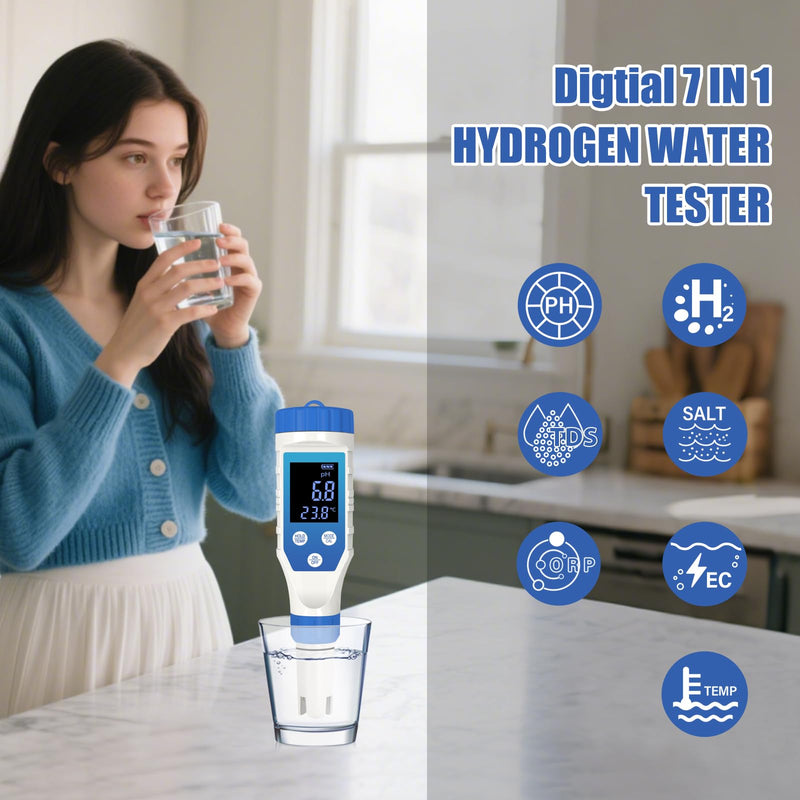 [Australia - AusPower] - Hydrogen Water Tester, Digital ORP Meter for Drinking Water, 7-in-1 pH TDS Tester, pH ORP TDS EC H2 Salt Temp Meter for Water, Hydroponics, Plants, Aquariums, Wine, Pool, Hot Tub Spas. 