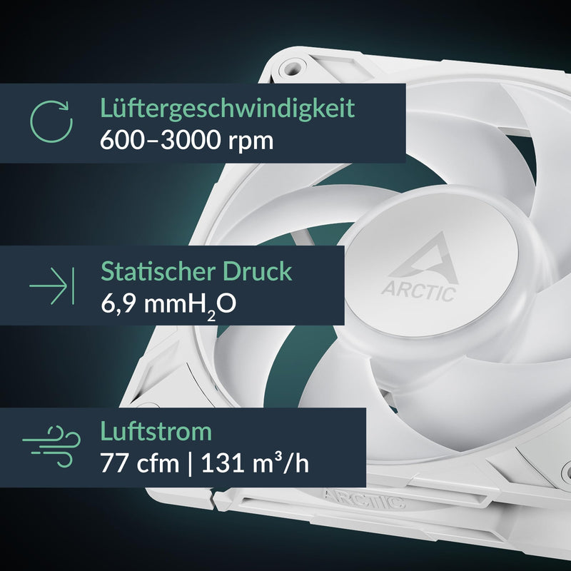 ARCTIC P12 Pro A-RGB (Pack of 3) - Powerful 120 mm Premium PC Fan | Case Fan, PWM Case Fan, Y Cable Splitter, 600-3000rpm, 0rpm <5% PWM, 5V Digital RGB, Hydrodynamic Plain Bearing, 4-Pin P12 Pro PST A-RGB (3 pieces) in white