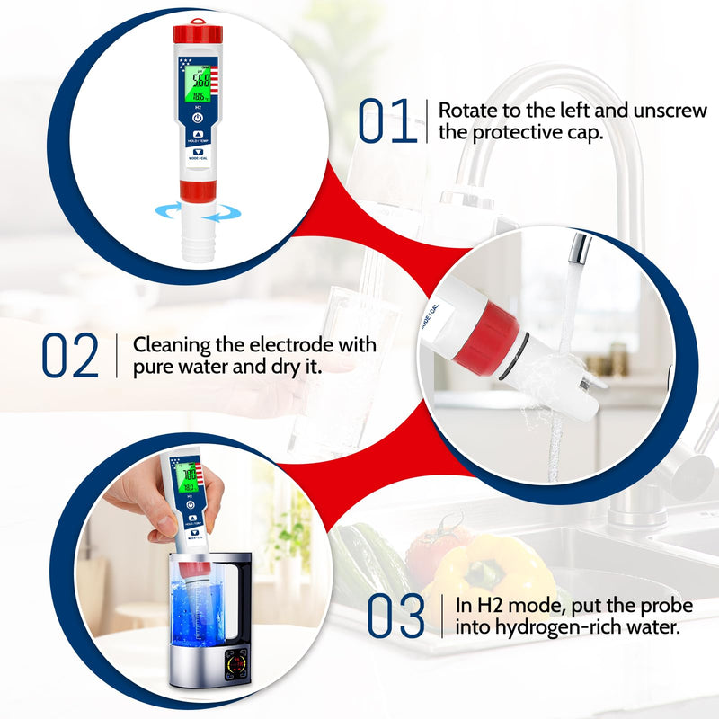 [Australia - AusPower] - Hydrogen Tester pH Meter for Drinking Water 4 in 1-pH/H2/ORP/TEMP Meter, Hydrogen Water Tester Kit for Hydrogen Water Bottle, pH and ORP Meter for Drinking Water Hydroponics Pool 