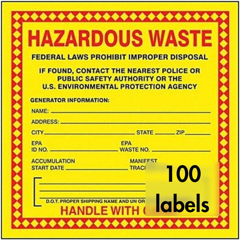Accuform Hazardous Waste Adhesive-Poly Vinyl Label, Pack of 100, Legend Hazardous Waste - Federal Laws PROHIBIT Improper Disposal...Handle with Care, 6" x 6", Red/Black/Yellow, MHZW20EVC 100 Pack
