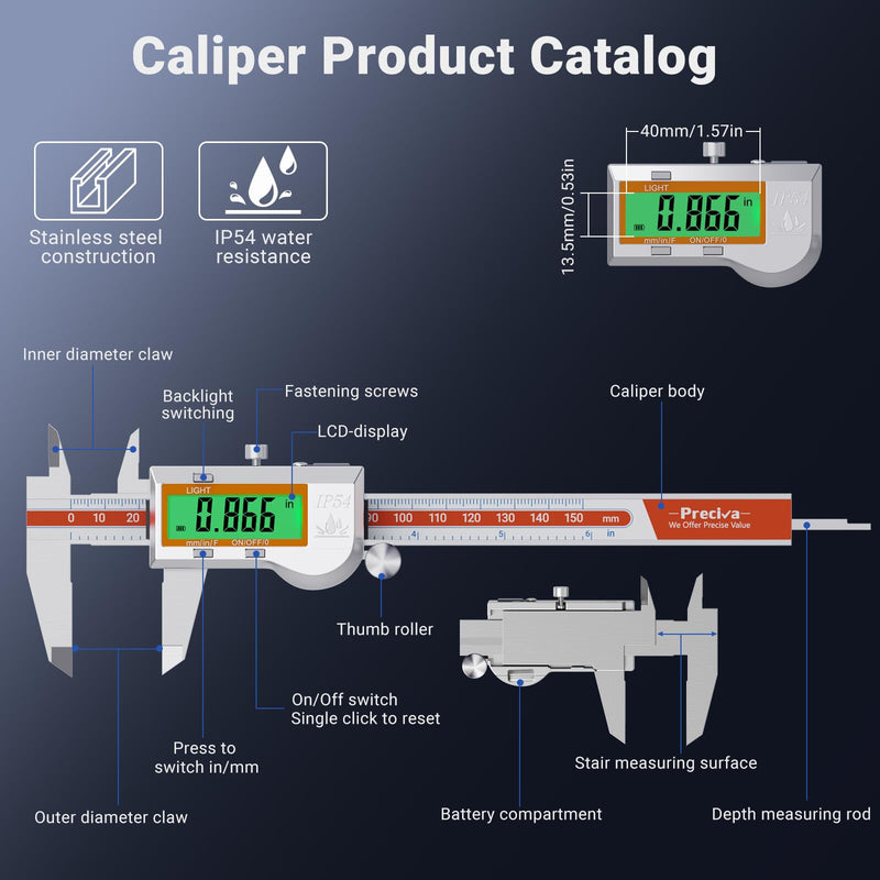 [Australia - AusPower] - Preciva Digital Caliper Measuring Tool, Stainless Steel Digital Micrometer Vernier Caliper, with Backlight LCD, Auto-Off Feature, IP54 Splash Proof Protection and Inch Metric Conversion 6 Inch/150 mm 
